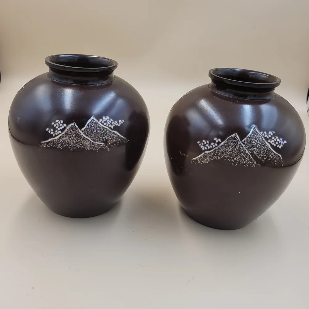 2 Vintage Asian Lacquer Vase, Mother of Pearl Inlay, Pagoda Garden Scene, 5.25
